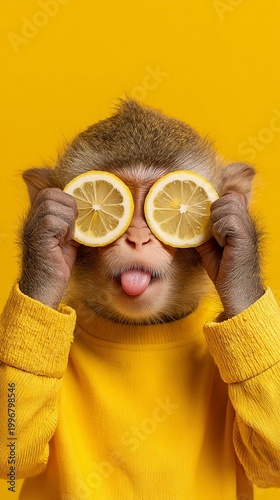 Funny little monkey sticking out its tongue, dressed in yellow with two lemon wedges for eyes, on a yellow background with copyspace