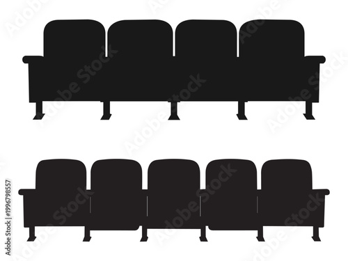 Row of cinema seats in black silhouette on white background, theater chairs arranged in two rows.