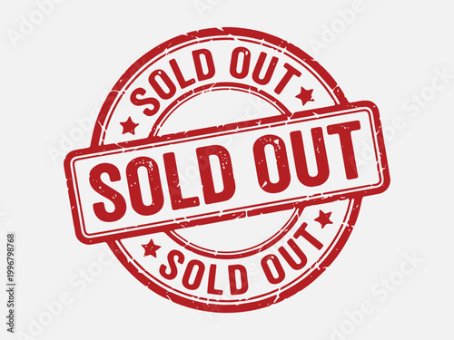 Vintage red sold out rubber stamp icon with stars on white background for retail use.