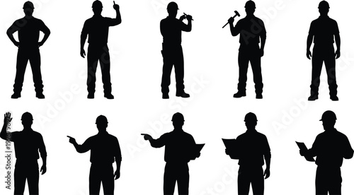 Collection of black silhouettes featuring professional construction workers engineers and architects wearing hard hats holding blueprints and tools while gesturing at building site projects.