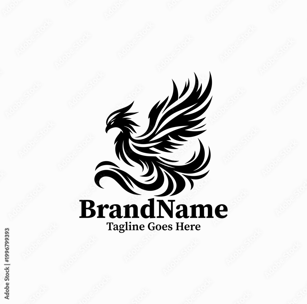 Obraz premium A phoenix bird with flowing wings is illustrated as a mythological emblem logo design monochrome bold