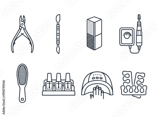 Collection of Nail Care Tools and Equipment Icons.