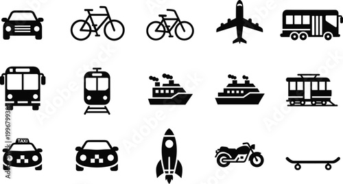 Comprehensive set of black solid transportation icons featuring car bicycle airplane bus train ship taxi rocket motorcycle and skateboard isolated on white background