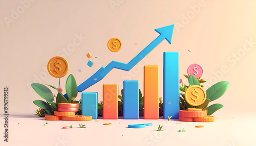 3D Growth Chart with Upward Arrow and Coins Illustrating Financial Success.
