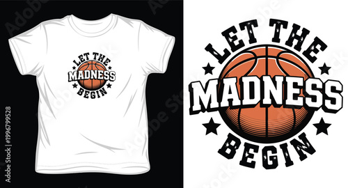 Let the madness begin basketball t-shirt design with ball and star graphics for sports apparel.