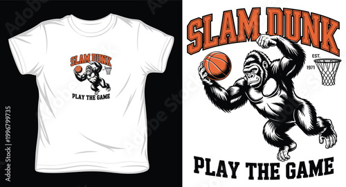 Gorilla jumping for slam dunk basketball vintage athletic club graphic for white t-shirt mockup.