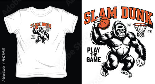 Slam dunk basketball gorilla mascot with established date and hoop graphic on white background.