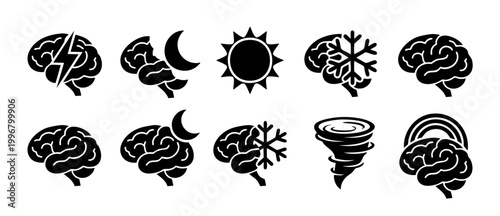 Brain Weather Icons Set, Mental Health Concept Symbols, Human Mind States and Moods, Flat Black Silhouette Illustrations for Psychology, Neurology, Cognitive Science, and Emotional Well-being Infograp