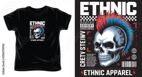 Punk skull with mohawk and ethnic patterns for apparel.