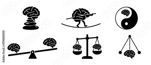 Brain Balance Concepts Set, Human Mental Equilibrium and Mindfulness Icons, Psychology Mind Stability, Rational Thinking Vector Illustration, Zen Harmony, Cognitive Awareness, Emotional Control and Fo
