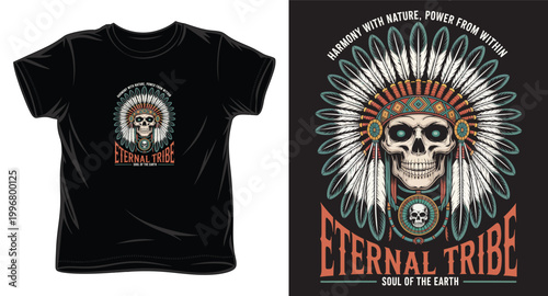 Eternal tribe skull illustration wearing native american headdress for vintage t-shirt design.