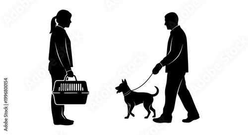 People with pets icon silhouette, man walking dog, woman holding pet carrier, white background, vector Illustration