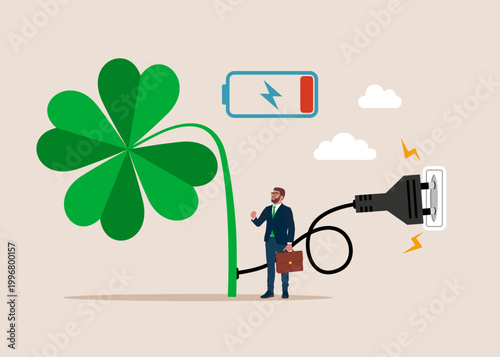 Clover feeds electricity. Restoration is underway. Not enough energy to happiness, success, chance at full potential and motivation. Flat vector illustration