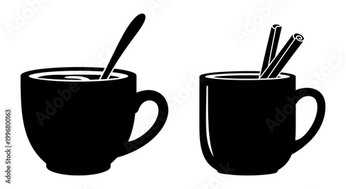 Hot drink cup icon set with spoon and cinnamon sticks, solid silhouette, white background, vector Illustration