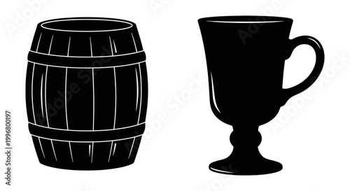 Barrel and mug icon silhouette set, black solid style, white background, vector Illustration