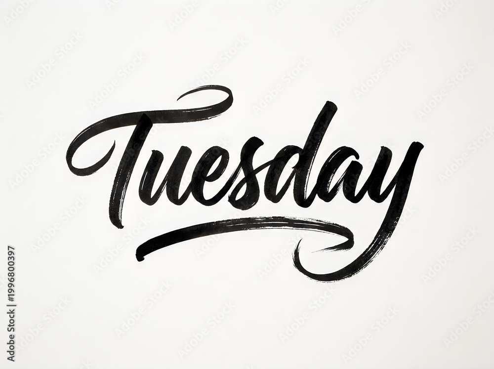 Obraz premium Tuesday word in black brush script on white background