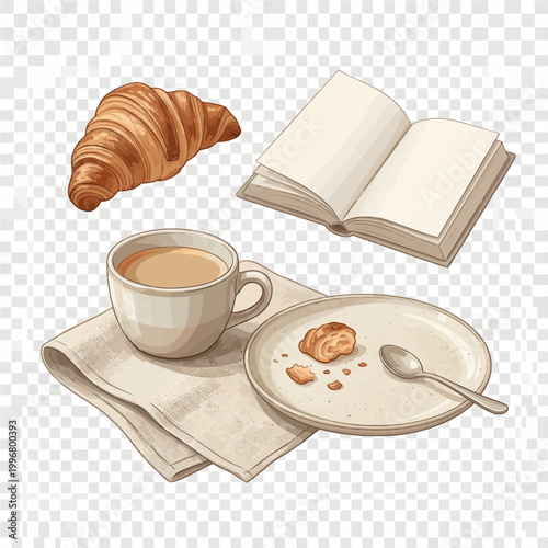 Cozy morning breakfast flat lay clipart set featuring a croissant, an open book, a ceramic cup of coffee with saucer, and a plate with bread crumbs and a spoon in soft aesthetic watercolor style