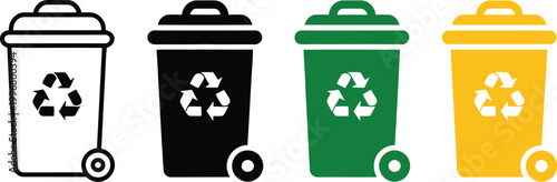 Recycle bin with wheel icon set for waste management garbage sorting and environmental sustainability symbol vector illustration