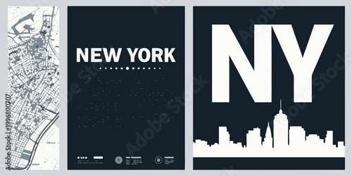 set of new york city themed posters with map skyline and abbreviation