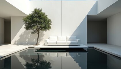 Modern minimalist courtyard features white sofa, tree reflection on dark water pool. Clean geometric architecture creates serene outdoor space. Sunlight creates soft shadows.