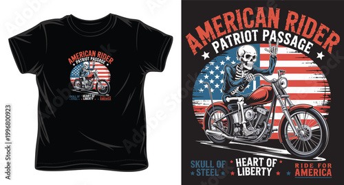 American rider patriot passage skull t-shirt design with skeleton riding motorcycle on american flag background.