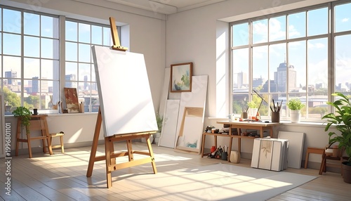 Bright, airy studio space with a wooden easel and large windows overlooking a city skyline. A blank canvas awaits