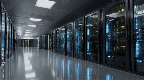 Modern data center server room with black racks, blue LEDs, organized cables, volumetric lighting, tech ambiance, copy space for tech website, cloud computing background, 8K Unreal 5 render