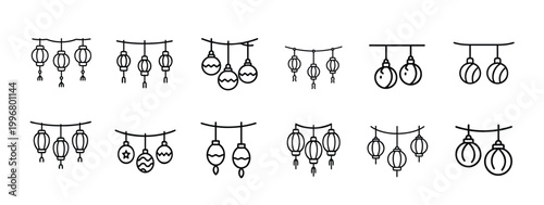 Christmas ornaments line icons set hanging decorative ball festive ceiling lamp winter holiday bauble glass sphere ornament interior xmas lighting & more vector illustration with editable stroke.