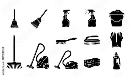 Cleaning Equipment Icon Set Featuring Broom, Mop, Vacuum Cleaner, Spray Bottles, Brush, Bucket and Gloves in Black Silhouette Style for Household Design