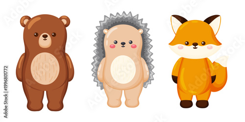 Cute Cartoon Bear, Hedgehog, Fox Woodland Animals Set