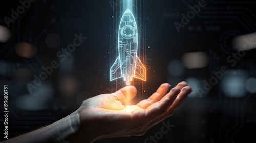 A glowing rocket is lifted from a hand against a dark, technological background, symbolizing innovation and progress.