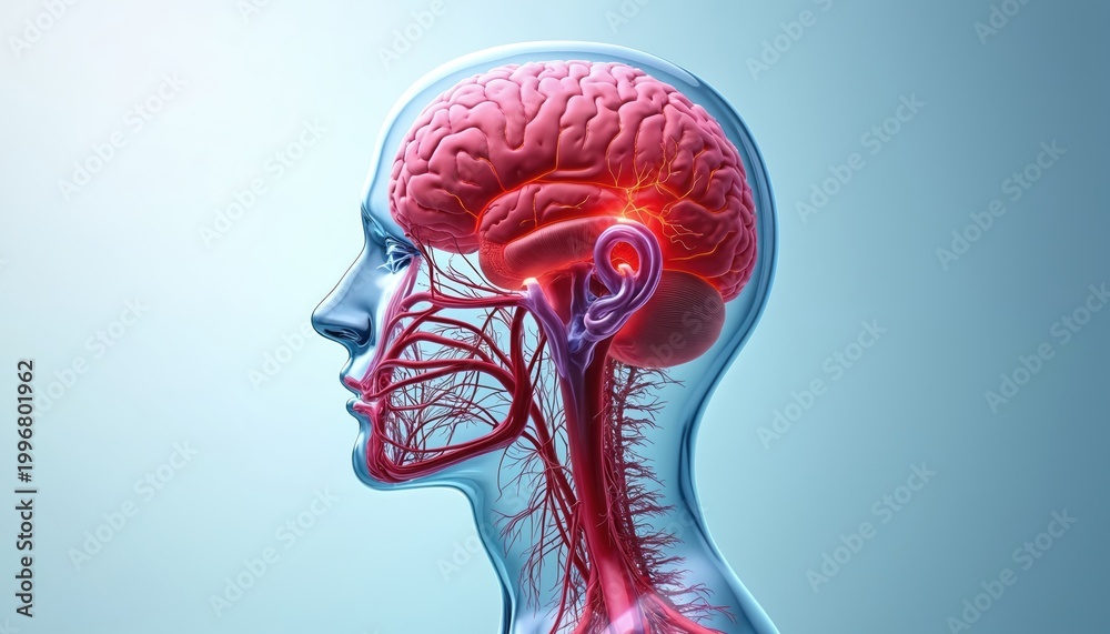 Fototapeta premium 3D model of human head profile showing brain with red neural pathways and blood vessels inside translucent blue skull. Medical science concept.