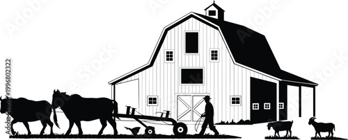 farm, barn, silhouette, farmer, cows, livestock, agriculture, rural, countryside, tractor, field, animals, vector, illustration, black, design, vintage, harvest, ranch, scene
