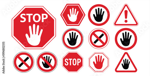Red stop sign icon set featuring hand symbol representing warning attention prohibition danger alert and road safety design