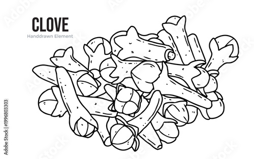 A detailed hand-drawn illustration of a pile of dried cloves, a common spice, presented in a black and white line art style.