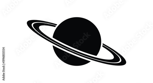 A striking black silhouette of saturn with prominent rings against a white background silhouette