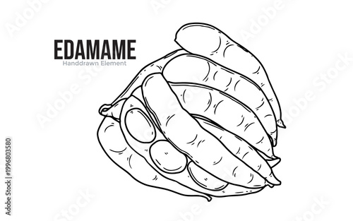 A hand-drawn illustration of a cluster of edamame pods, with some pods open to reveal the beans inside.