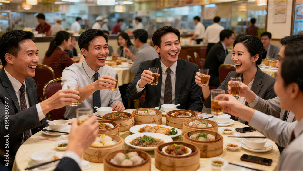 Fototapeta premium Celebrating Together at a Banquet: Business colleagues gather at a restaurant, toasting with drinks and enjoying a delicious meal together. The atmosphere is filled with warmth.