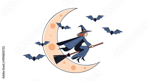 Halloween witch, cartoon witch on moon, broomstick flying, spooky night, lunar magic