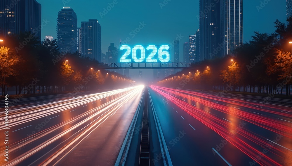 Obraz premium Neon sign glows 2026 over busy highway at night. Light streaks show fast moving cars past city skyscrapers. Urban growth and future transport concepts visualized.