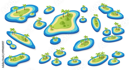 Aerial view of various cartoon islands with palm trees scattered across a white background, depicted in a flat vector style with bright blues and greens, creating a tropical scene