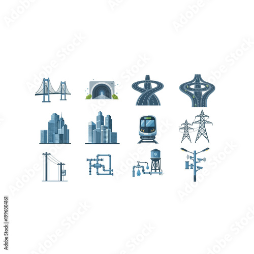 Infrastructure and urban development architecture icons set with infrastructure