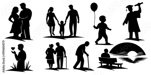 Life stages and family cycle silhouette set. Human growth concept from pregnancy and childhood to graduation, adulthood, and elderly age, isolated