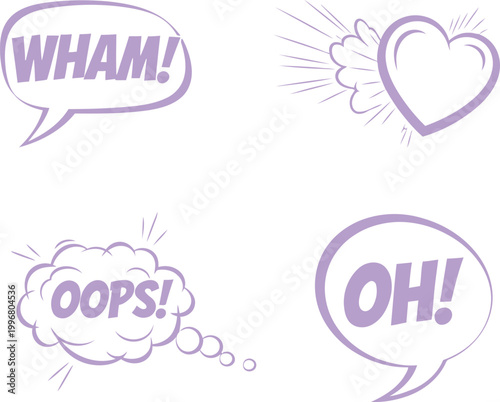 Colorful comic book speech bubbles and heart illustration wham oops oh