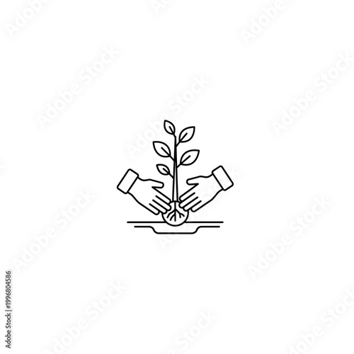 Hands planting a young tree sapling line icon with planting gardening seedling