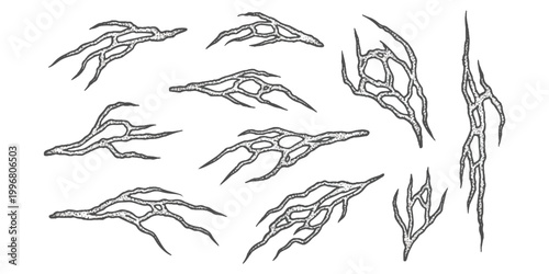 Set of black lightning bolt shapes and electric current crack symbols for graphic design