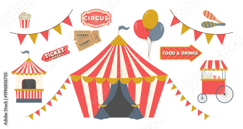Collection of circus carnival elements featuring a big top tent, popcorn, balloons, tickets, and bunting flags. Vector illustration set for festive event design and fairground decoration.