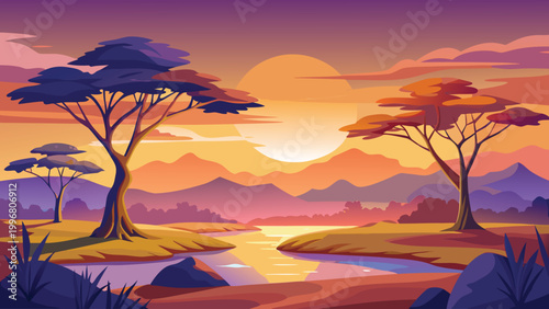 Schilderij op canvas Beautiful african savanna landscape with acacia trees at a colorful sunset over