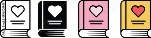 Romantic love story book and wedding diary icon set featuring hardcover book with heart symbols for poetry literature and memory journal concept