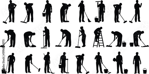 Large collection of black silhouettes featuring professional cleaners and janitors using mops brooms buckets and ladders for commercial cleaning and domestic housekeeping services.
